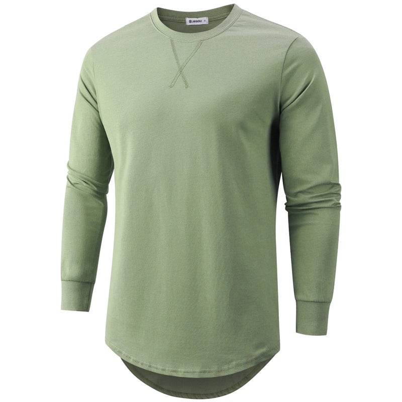 KLIEGOU Mens Cotton Hipster Hip Hop Longline Long Sleeve T Shirt 67(Dark Green XL) - Image 1